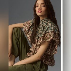 NWT Anthropologie Let Me Be High-Neck Printed Peasant Blouse